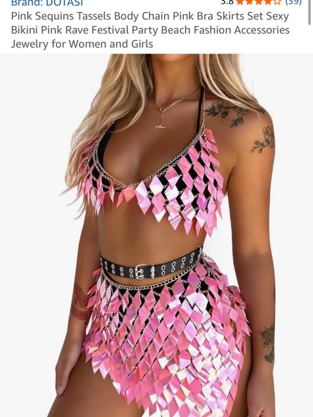 Festival Rave Brand New Pink Sequin Tassel Mini Skirt & Chain link Bra Top set